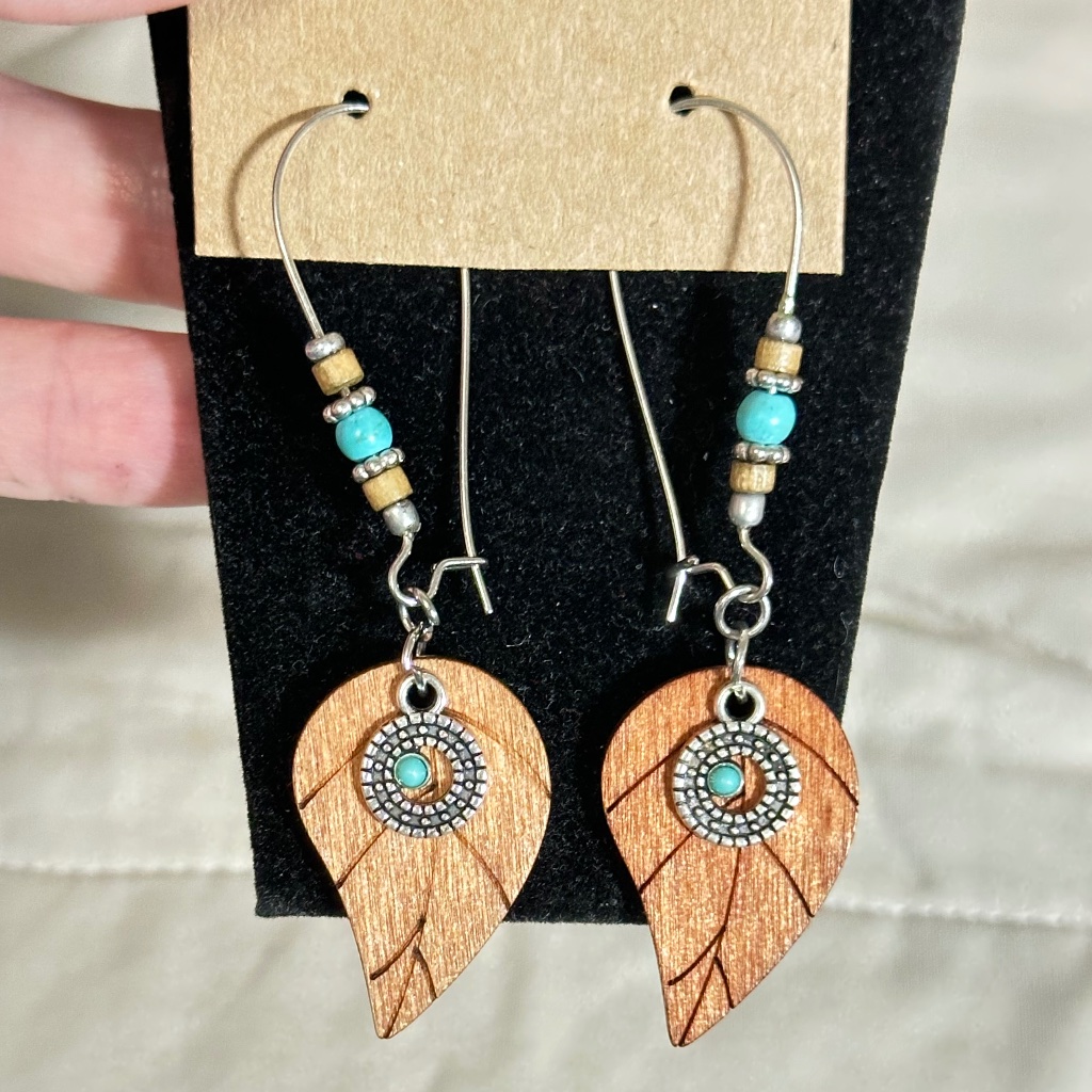 2/$15 Silver Wood & Beaded Leaf Earrings. Turquoise/Tan/Silver Beads & Charms